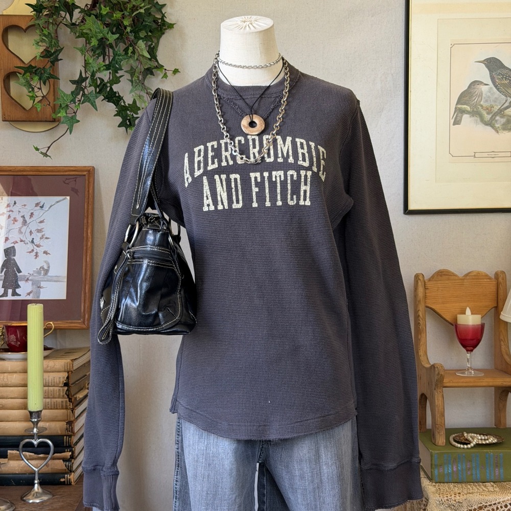 Gray Abercrombie Fitch Waffle Knit Long Sleeve Y2K Grunge Vintage Small